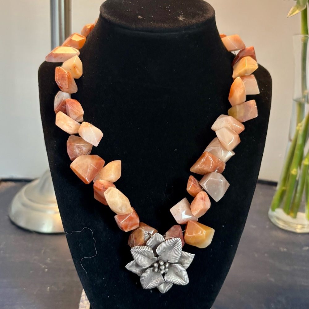 Bohemian Orange and Brown Stone Necklace with Artistic Centerpiece